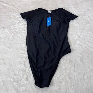 Cupshe Womens Black Short Sleeve Zip Front One Piece Swimsuit Size Small NWT
